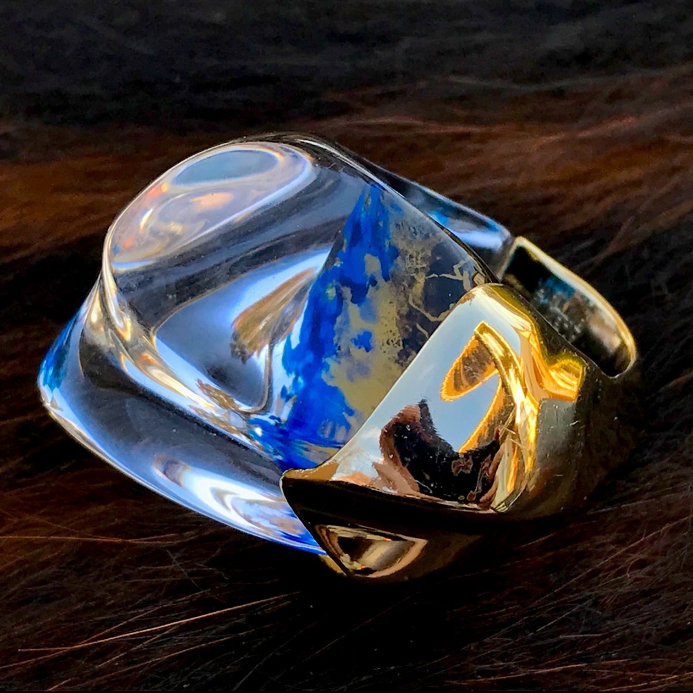 Alexis Bittar clear blue lucite gold plated ring